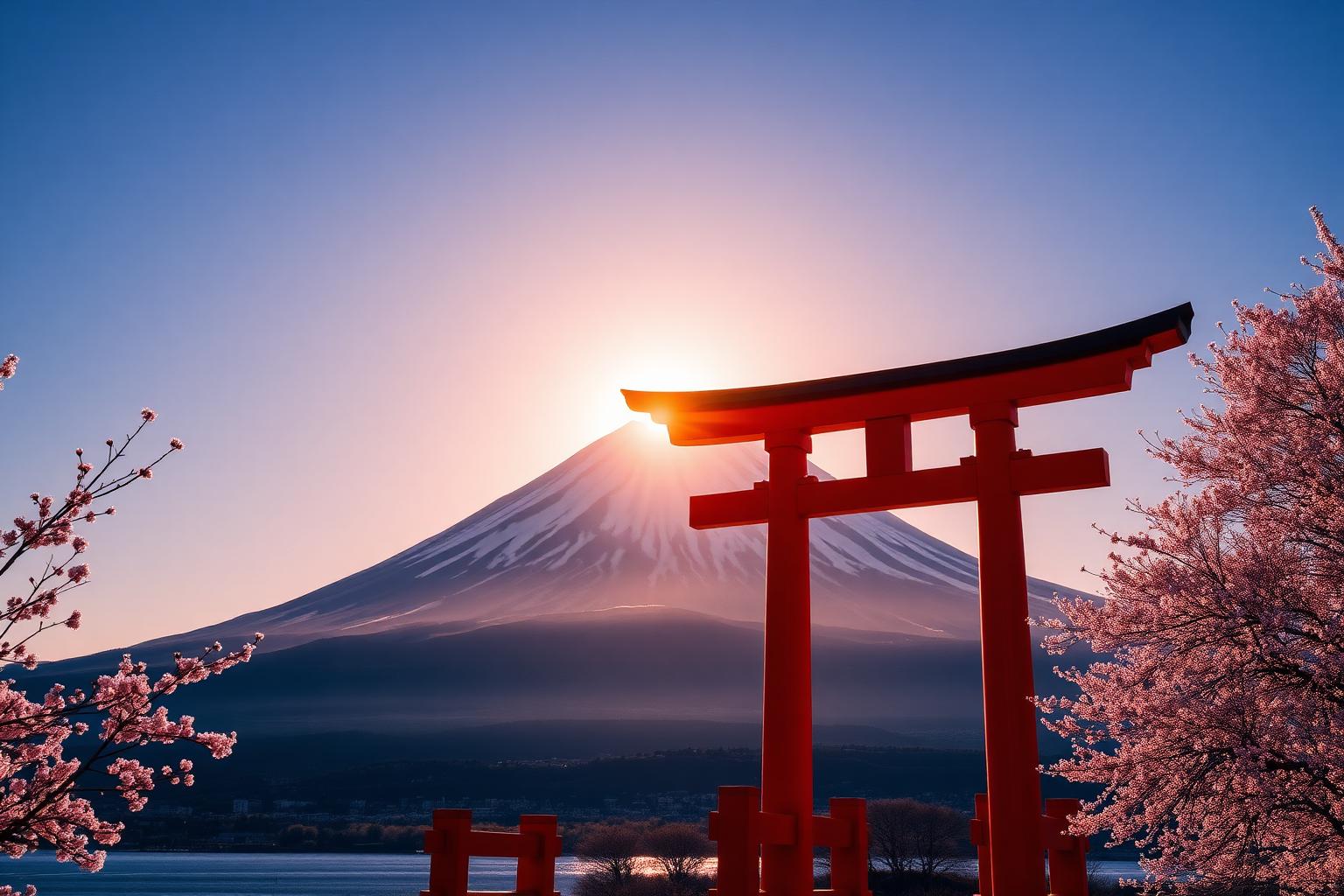 Torii gate before Mount Fuji at sunrise